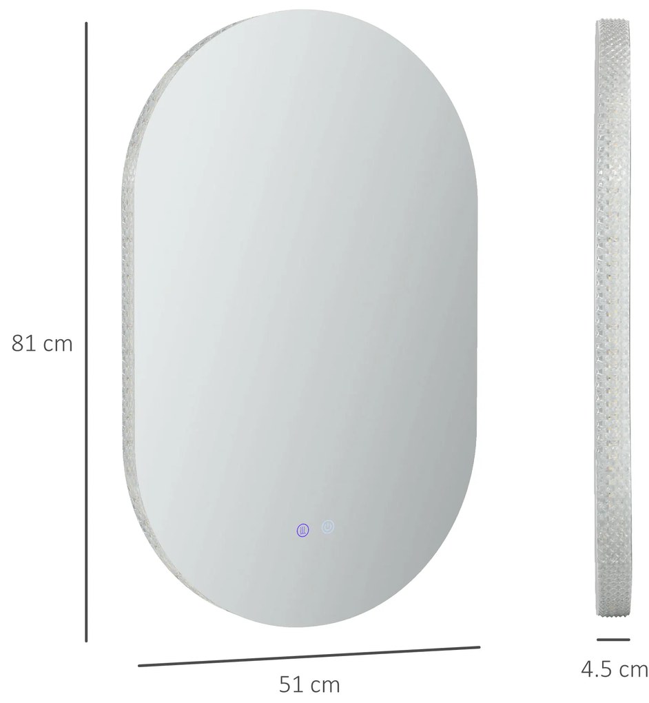 kleankin Oglindă de Perete cu Lumină LED în 3 Culori și Funcție Anti-Aburire, 81x51x4.5 cm, Transparent | Aosom Romania