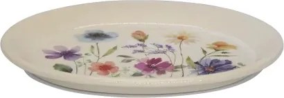 Tavă pentru ghiveci din ceramică cu flori de câmp, crem, H2,5/L25 cm, „Fleurville”