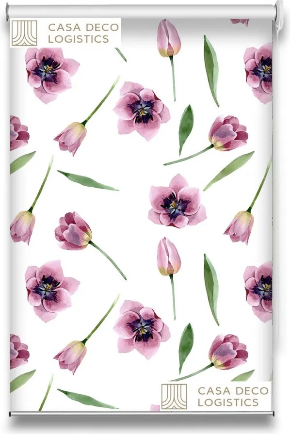 Roletă textilă Floral 8017 albă cu flori roz și lalele
