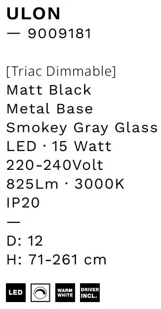 Pendul LED modern, Metal, Negru, Sticla, Fumurie, Ulon