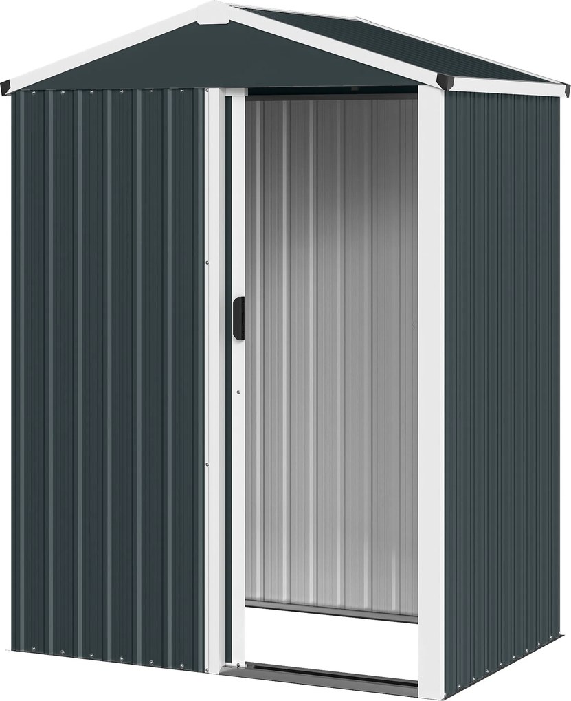 Outsunny Magazie de Grădină 1,1m² din Oțel Galvanizat, Magazie de Grădină cu Ușă Glisantă Blocabilă, Acoperiș Înclinat, Mănuși, Magazie pentru Unelte, 136x87x179 cm, Gri Închis | Aosom Romania