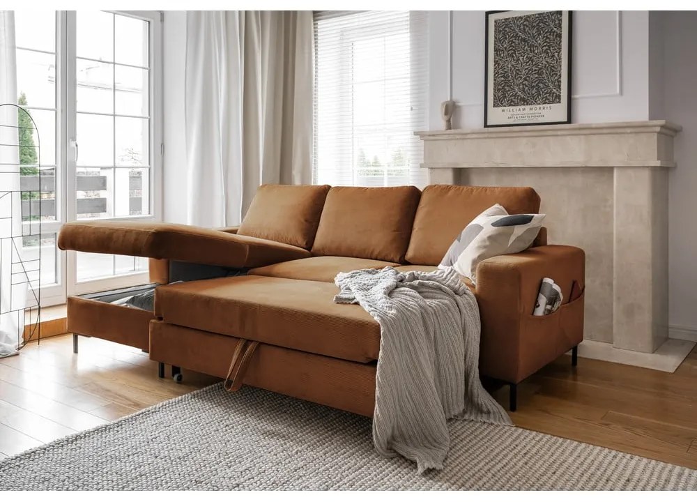 Colțar portocaliu/maro extensibil cu tapițerie din catifea reiată (cu colț pe partea stângă ) Lofty Lilly – Miuform