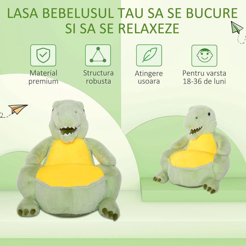 HOMCOM Fotoliu Dinozaur pentru Copii, Scaun Moale din Pluș cu Bază Antiderapantă, pentru Camera de Copii, 60x55x59 cm, Verde | Aosom Romania