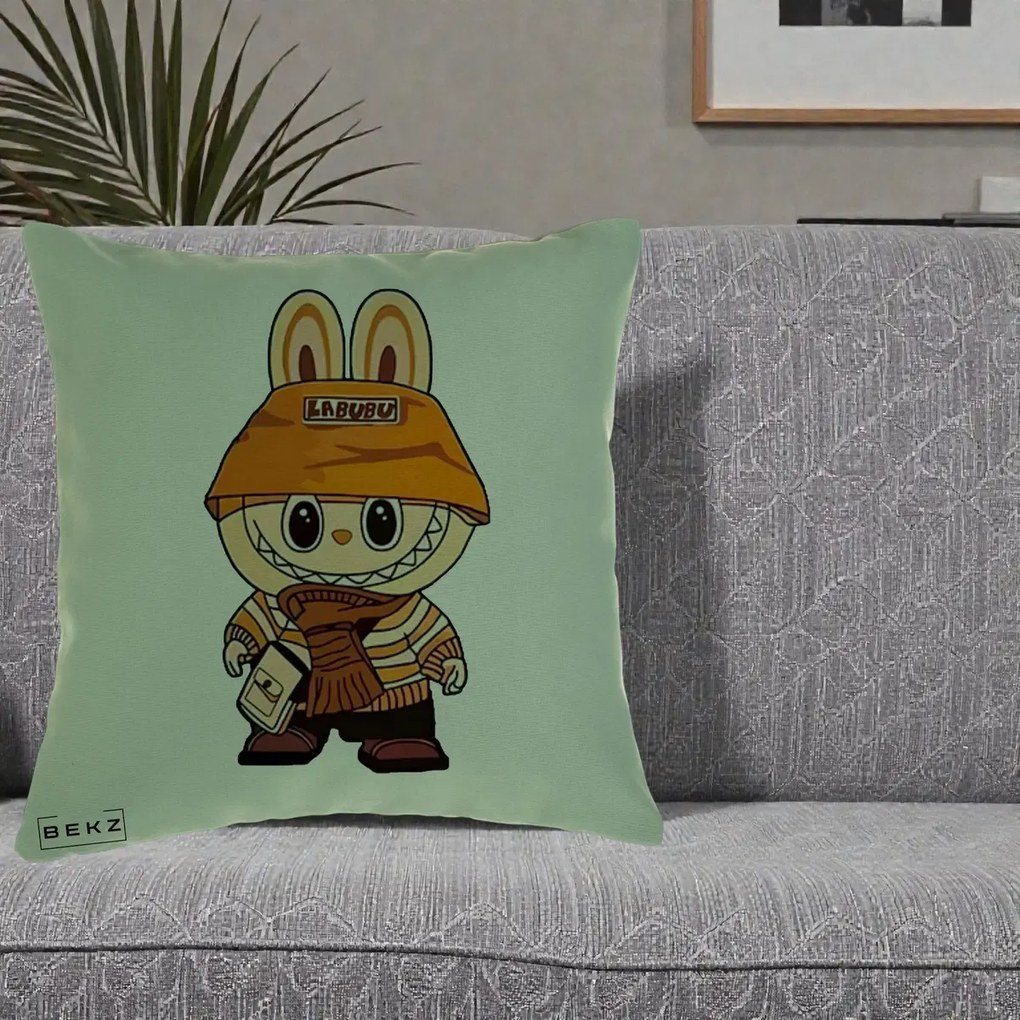 Perna Personalizata Labubu Streetwear Portocaliu, 40x40 cm, Verde, Husa Detasabila, Perna Inclusa, BEKZ®