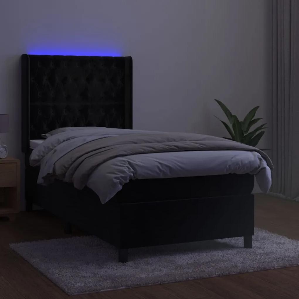 Pat continental cu saltea si LED, negru, 80x200 cm, catifea Negru, 80 x 200 cm, Design cu nasturi