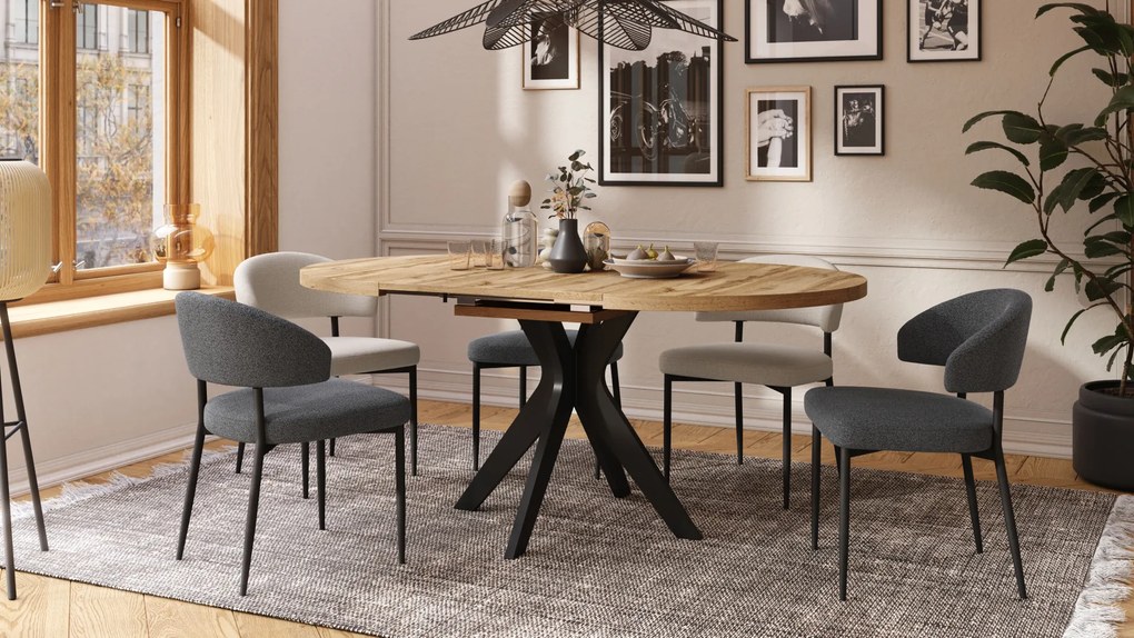 Mazzoni RENZO Stejar Wotan/picior negru - MASĂ ROTUNDĂ Ø110 EXTENSIBILĂ PÂNĂ LA 180 cm | PENTRU BUCĂTĂRIE SUFRAGERIE LIVING RETRO