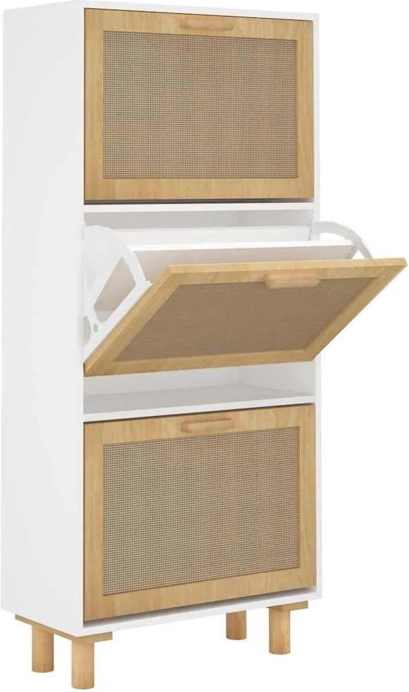 vidaXL Pantofar, alb, 52x25x115 cm, lemn prelucrat și ratan natural