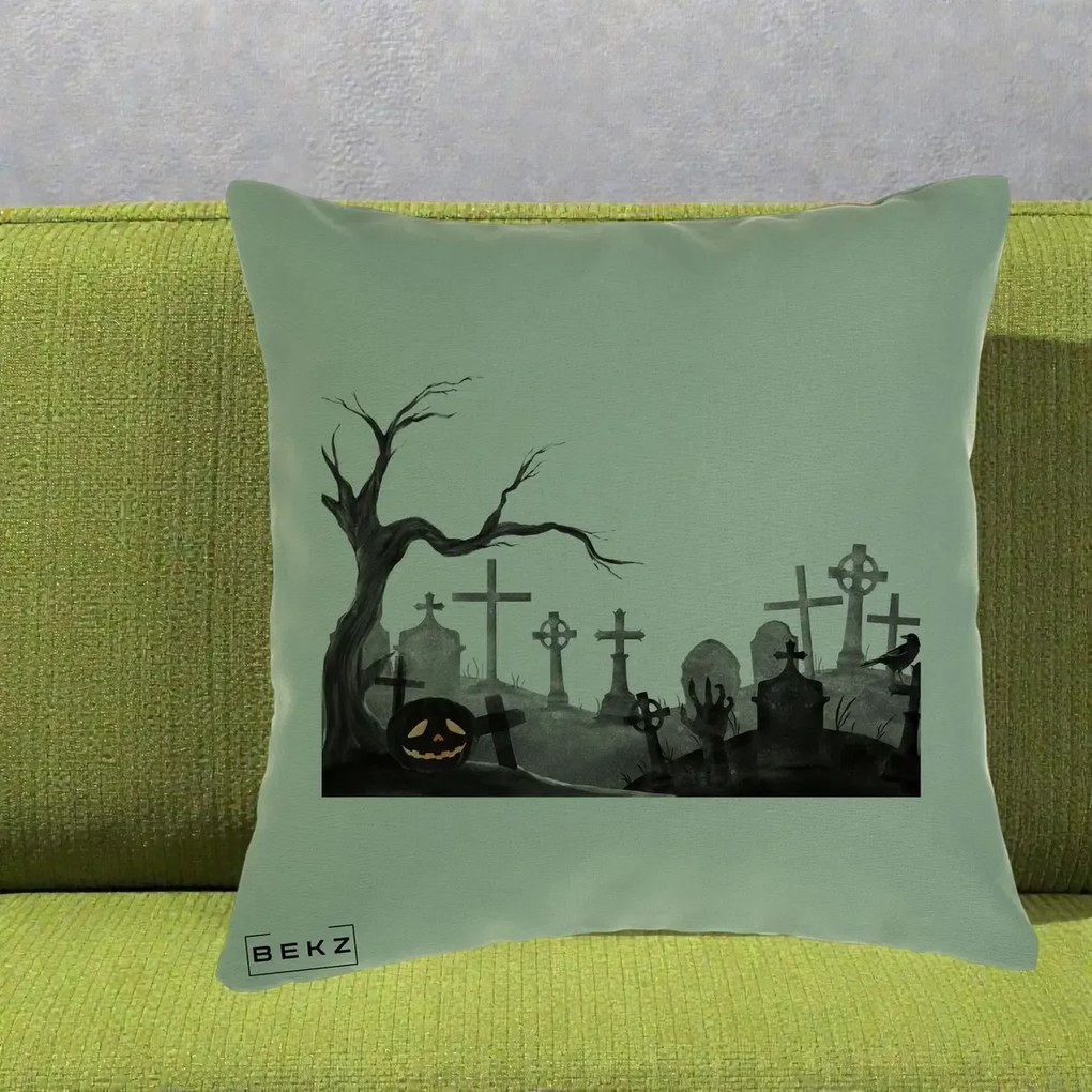 Perna Decorativa Halloween Cimitir Acuarela cu Dovleac, 40x40 cm, Verde, Husa Detasabila, Perna Inclusa, BEKZ®