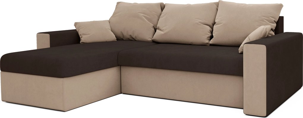 Set canapea extensibila, reversibila in forma de L NORIX 240x140 cm, maro inchis/maro deschis cu raft + 2 perne GRATUIT