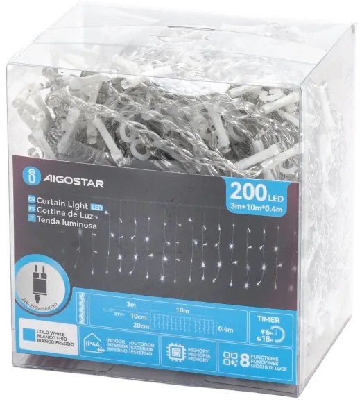 Aigostar - Ghirlandă LED de exterior pentru Crăciun 200xLED/3,6W/230V/8 funcții 10x0,4m IP44 alb rece