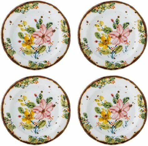 Set 4 farfurii din ceramică artizanală albă cu motive florale roz pictate manual și margine aurie, 15×1,5 cm, "Savina"