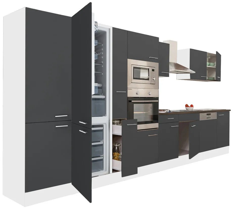 Mobilă de bucătărie Yorki 420, corp alb, față antracit satinat, frigider cu congelator jos