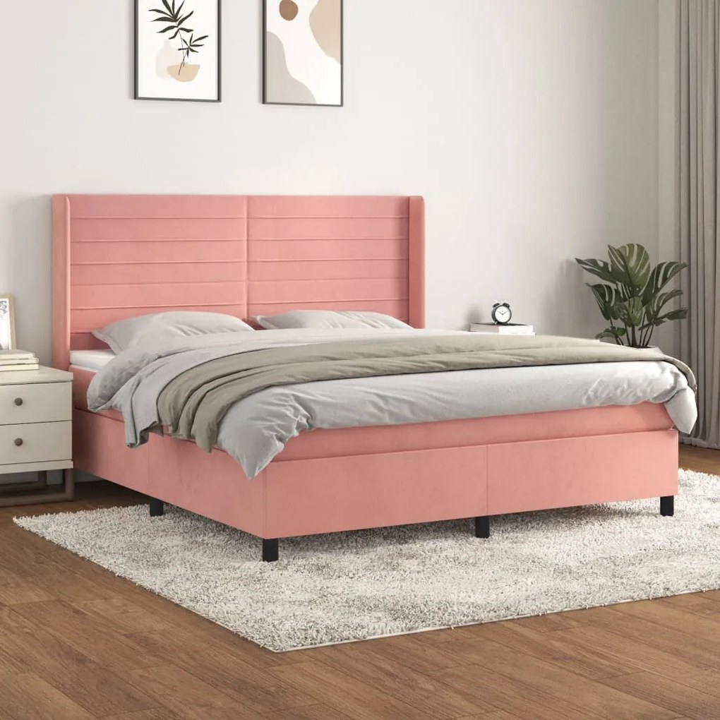 Pat box spring cu saltea, roz, 160x200 cm, catifea Roz, 160 x 200 cm, Benzi orizontale