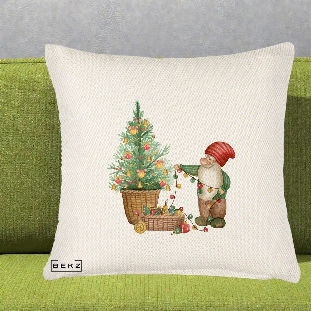 Perna Decorativa Pitic de Craciun cu Brad, 40x40 cm, Crem Reliefat, Husa Detasabila, Perna Inclusa, BEKZ®