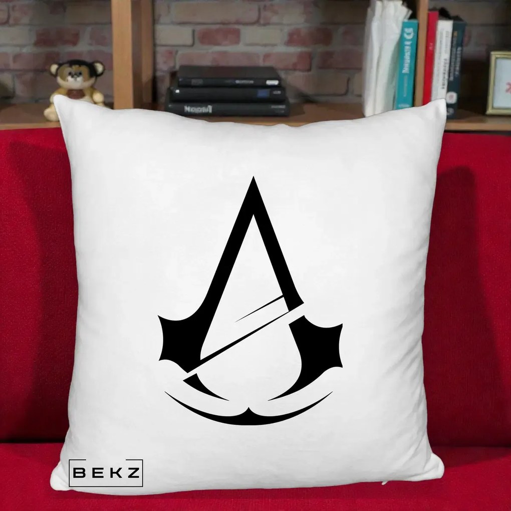 Perna Personalizata Assassin's Creed Minimalist, 40x40 cm, Alb Pufos, Husa Detasabila, Perna Inclusa, BEKZ®
