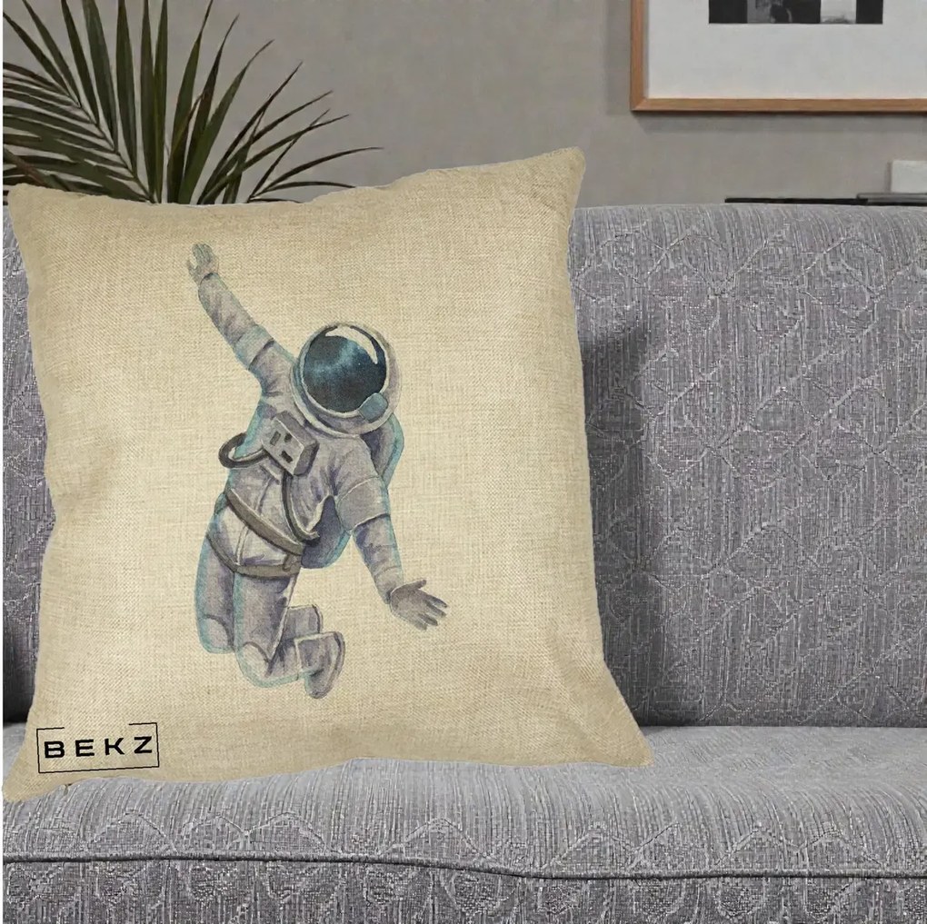 Perna Decorativa Astronaut Acuarela Zbor, 40x40 cm, Crem, Husa Detasabila, Perna Inclusa, BEKZ®