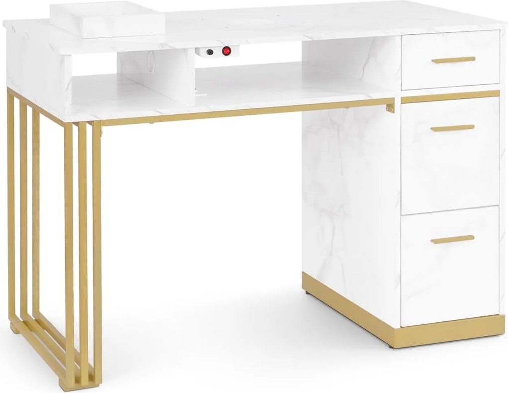 MANIAU201 - Masuta manichiura, 112 cm, cu aspirator incorporat, masa cosmetica - Alb - Imitatie de marmura - Auriu