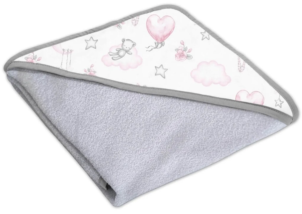 Prosop bebe din bumbac cu gluga 90x90 cm Kidizi Fairy Clouds, culoare gri, potrivit de la nastere pana la 2 ani