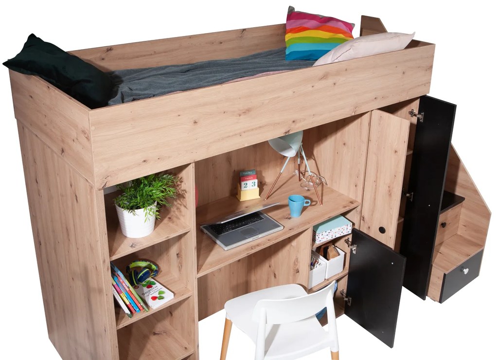 Pat pentru copii combinat 90 cm Sami 14 (Stejar artisan + negru mat + mânere albe). 1085820