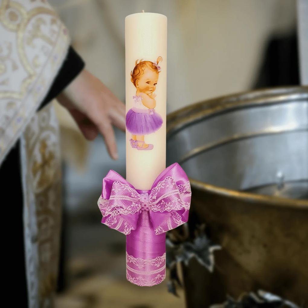 Lumanare botez decorata Printesa Mov 5,5 cm, 30 cm