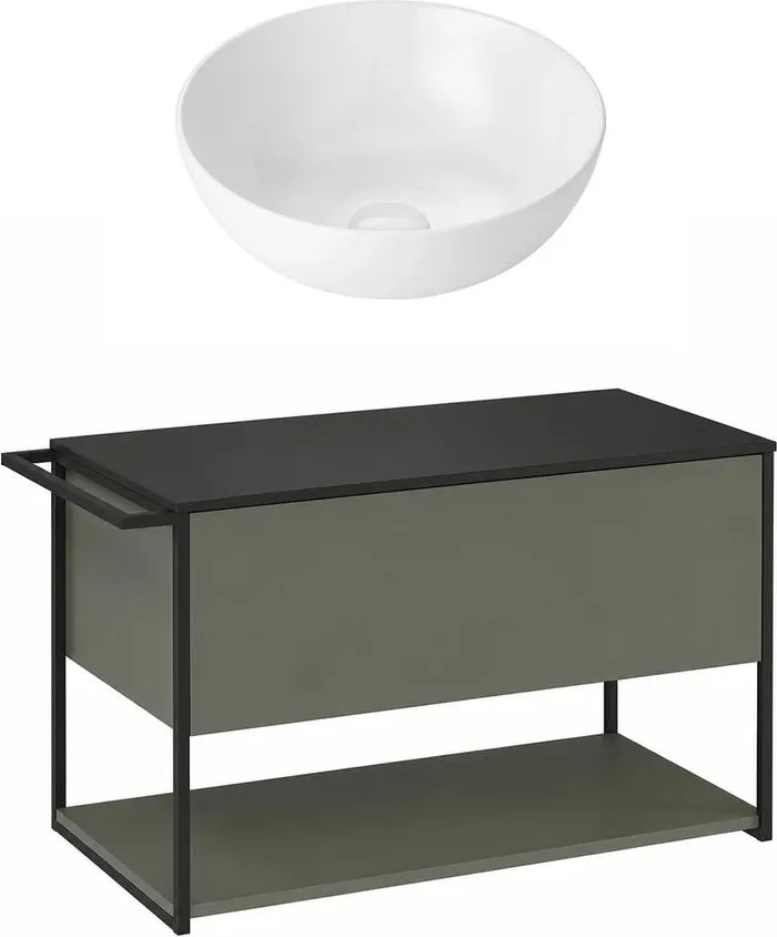 Set dulap baza suspendat Krofam Lov verde-negru 80 cm blat negru si lavoar 39 cm
