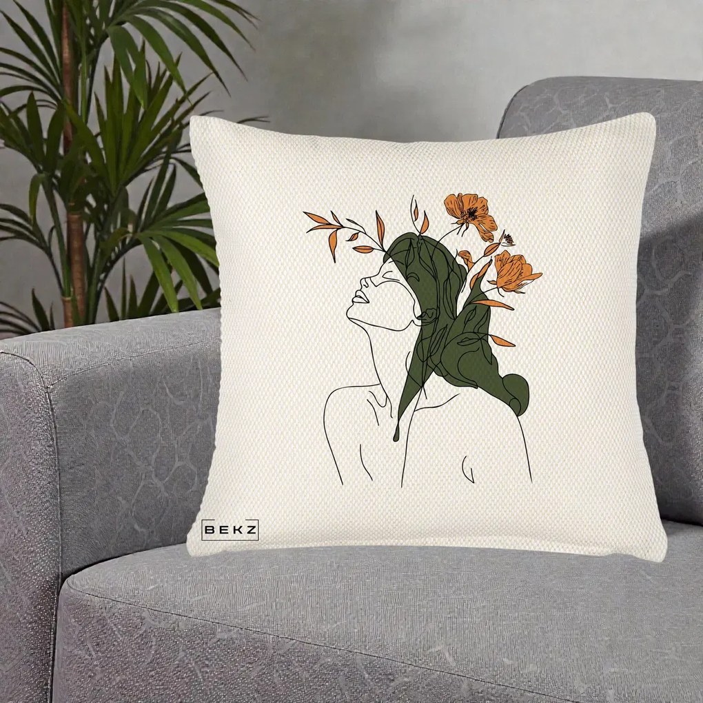Perna Decorativa Portret Feminin Profil Flori Portocalii, 40x40 cm, Crem Reliefat, Husa Detasabila, Perna Inclusa, BEKZ®