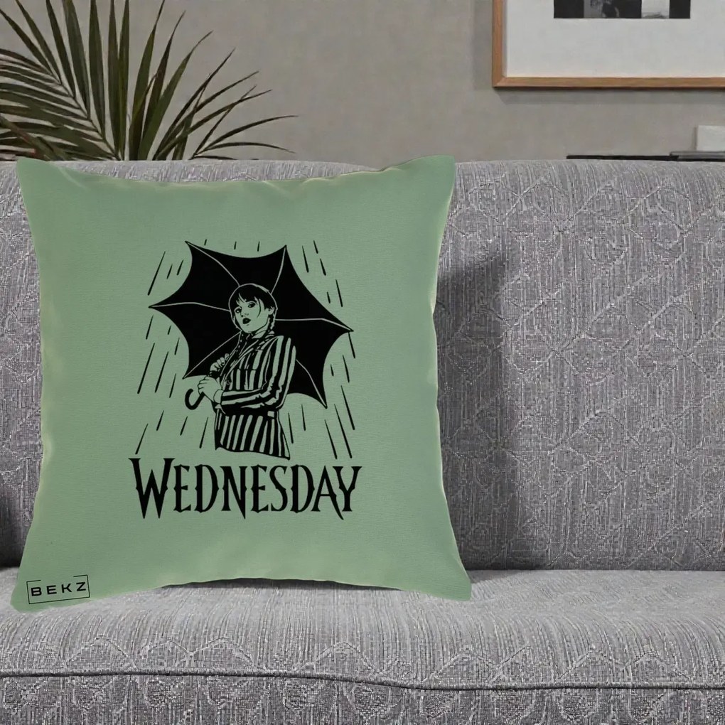Perna Personalizata Wednesday cu Umbrela Ploaie Lineart, 40x40 cm, Verde, Husa Detasabila, Perna Inclusa, BEKZ®