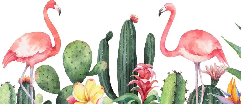 Fototapet - Flamingo în cactuși, acuarela (147x102 cm)
