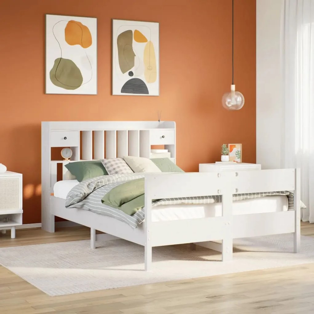 vidaXL Pat cu bibliotecă fără saltea, alb, 135x190 cm, lemn masiv pin