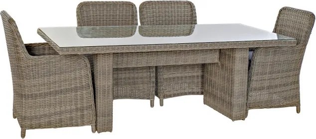 Set dining exterior din metal și sticlă, masă + 5 scaune, polirattan și stofă
