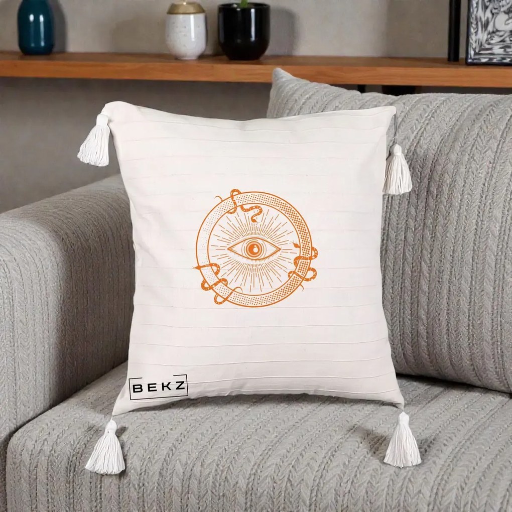 Perna Personalizata Ochiul Providentei Mistic Orange, 40x40 cm, Bej cu Franjuri, Husa Detasabila, Perna Inclusa, BEKZ®