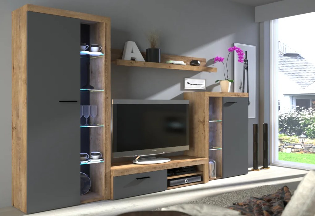 Expedo Mobilă sufragerie KLOK, 300x190x34, gri/stejar lefkas + iluminare LED