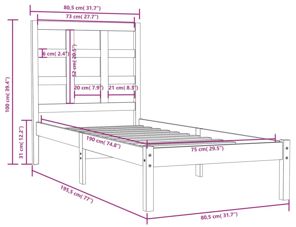 Cadru de pat Small Single 2FT6, negru, 75x190 cm, lemn masiv Negru, 75 x 190 cm