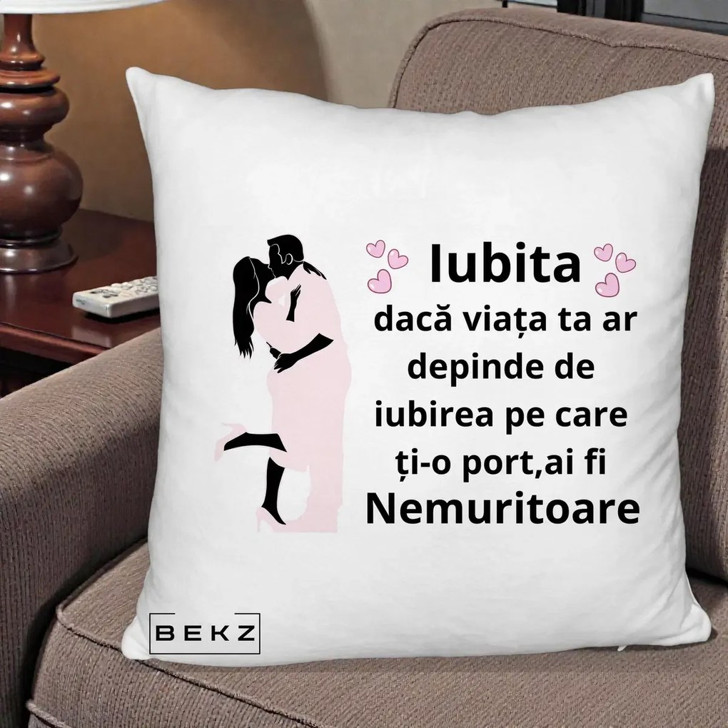 Cadou pentru Iubita - Perna Personalizata Iubita Nemuritoare cu Siluete de Cuplu, 40x40 cm, Alb Pufos, Husa Detasabila, Perna Inclusa, BEKZ®