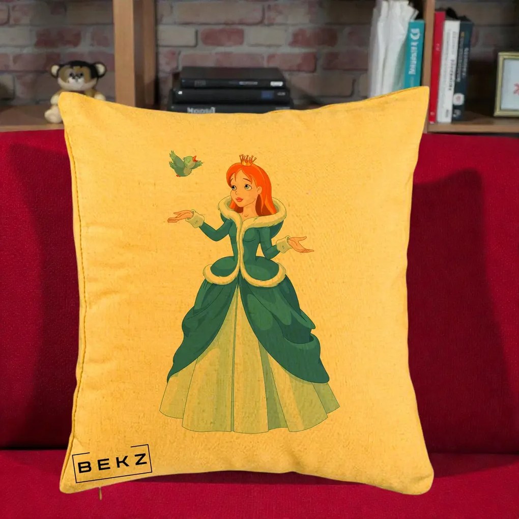 Perna Personalizata Printesa Albastra cu Pasare, 40x40 cm, Galben, Husa Detasabila, Perna Inclusa, BEKZ®