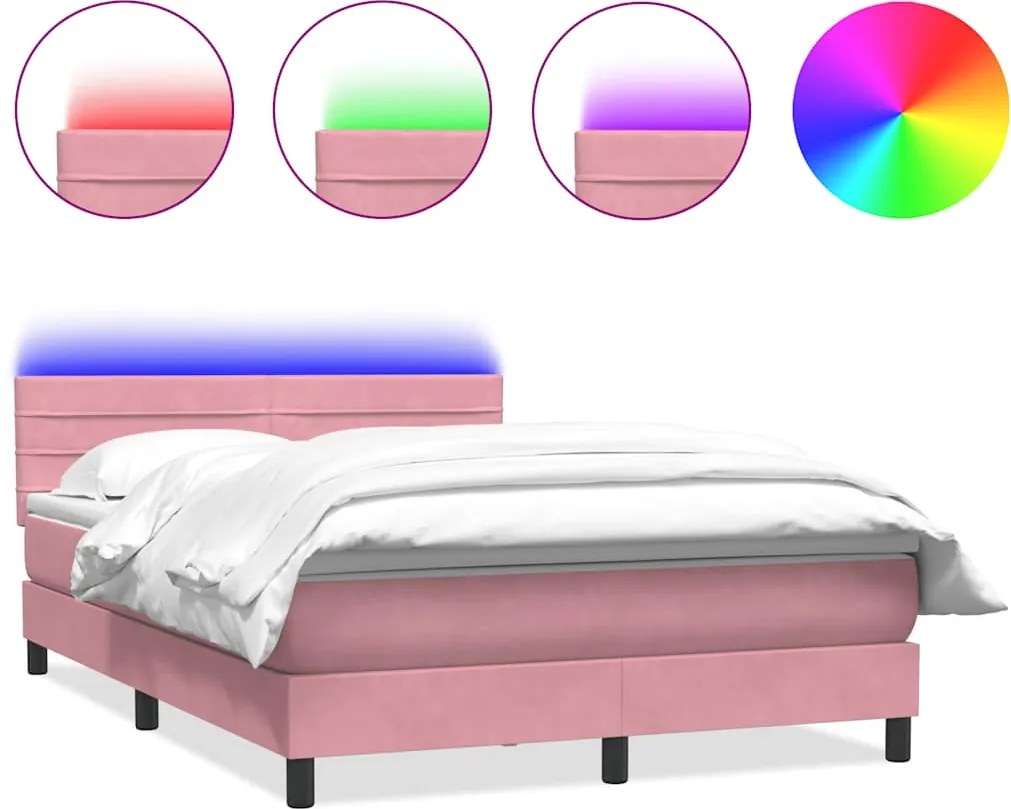 vidaXL Pat cu arcuri cu saltea și LED, roz, 140x220 cm, catifea
