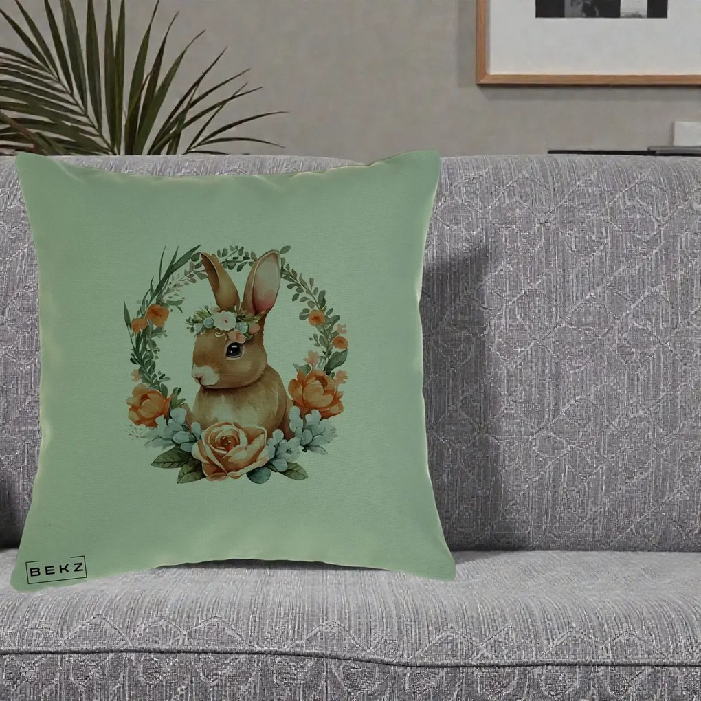 Perna Decorativa Iepuras Floral Coronita Acuarela, 40x40 cm, Verde, Husa Detasabila, Perna Inclusa, BEKZ®