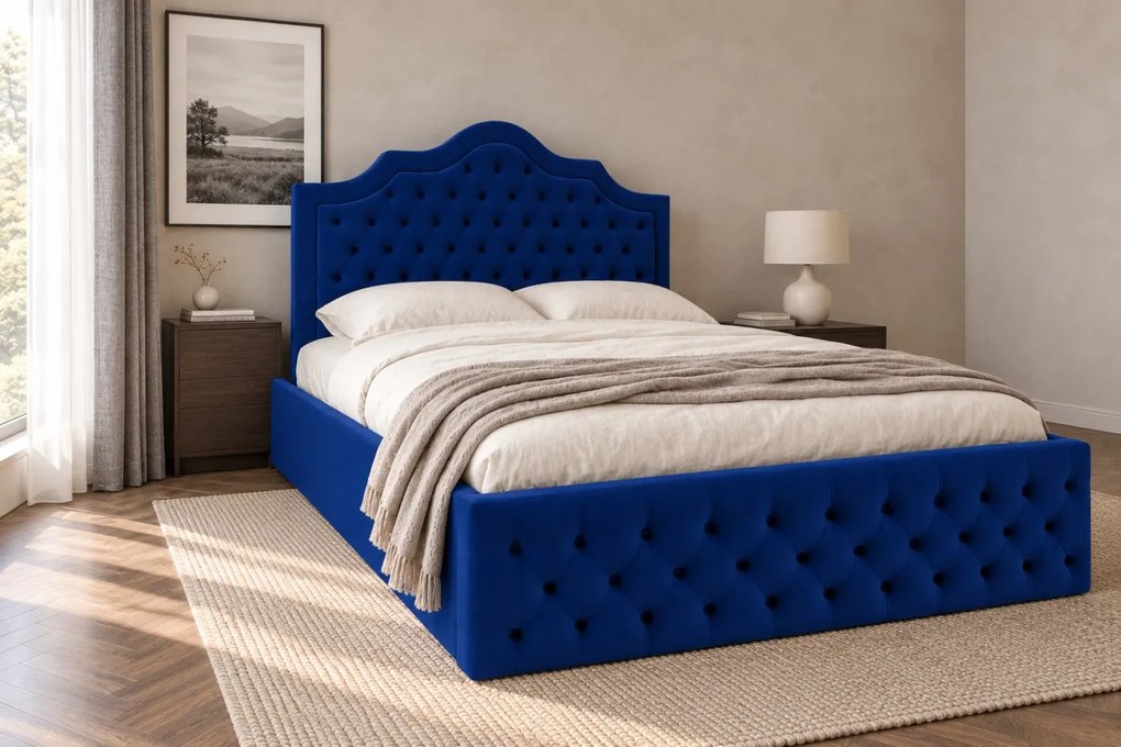 Pat tapițat din catifea Imperio cu nasturi 140×200 cm, bleumarin, cu ladă de depozitare