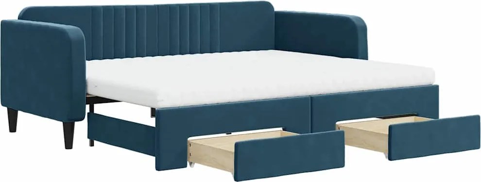 vidaXL Pat de zi cu extensie și sertare, albastru, 90x200 cm, catifea