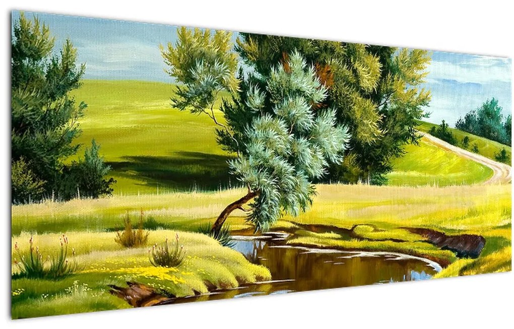 Tablou - Râu între câmpii, pictură în ulei (120x50 cm)