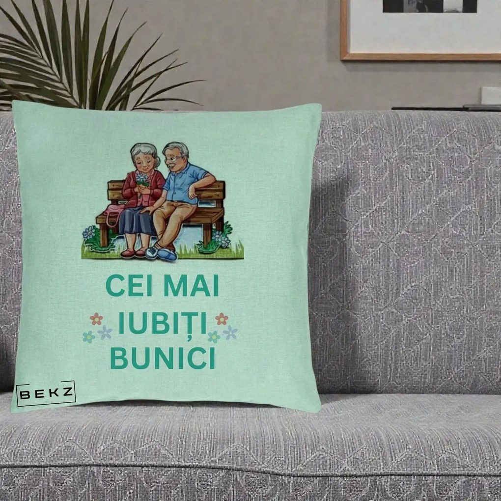 Cadou pentru Bunici - Perna Personalizata Cei Mai Iubiti Bunici Cuplu pe Banca Ilustratie, 40x40 cm, Verde Menta, Husa Detasabila, Perna Inclusa, BEKZ®