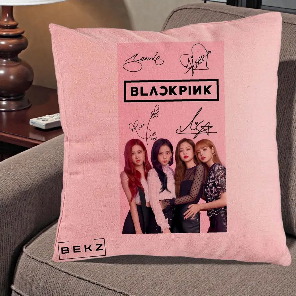 Perna Personalizata K-pop BLACKPINK Semnaturi si Foto, 40x40 cm, Roz, Husa Detasabila, Perna Inclusa, BEKZ®