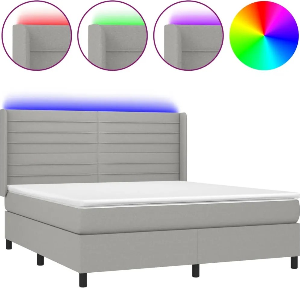 vidaXL Pat cu arcuri, saltea și LED, gri deschis, 160x200 cm, textil