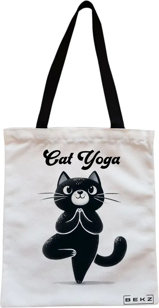 Sacosa de Panza pentru Cumparaturi, Geanta Tote, Yoga Cat, Cu fermoar, 38x34.5 cm, Alba, BEKZ®