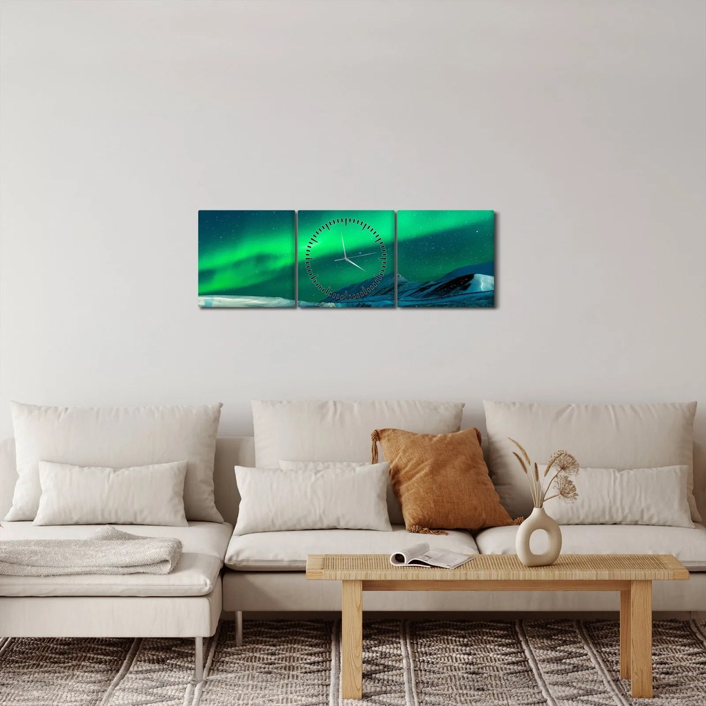 Tablou cu oameni la Aurora borealis (cu ceas) (90x30 cm)