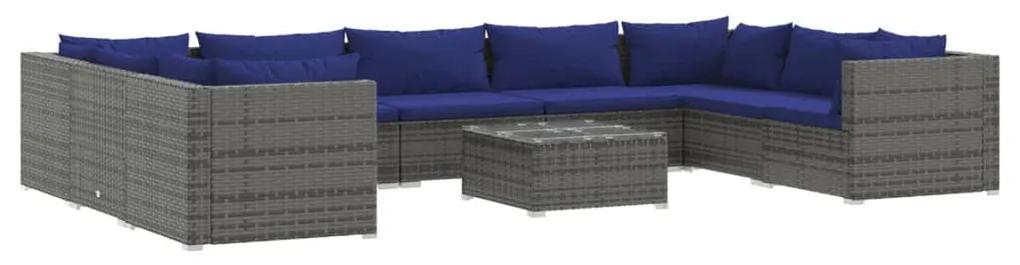 Set mobilier de gradina cu perne, 10 piese, gri, poliratan gri si bleumarin, 4x colt + 5x mijloc + masa, 1