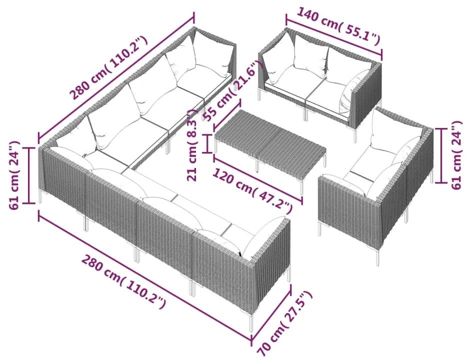 Set mobilier de gradina cu perne 12 piese gri inchis poliratan 7x colt + 4x mijloc + masa, 1