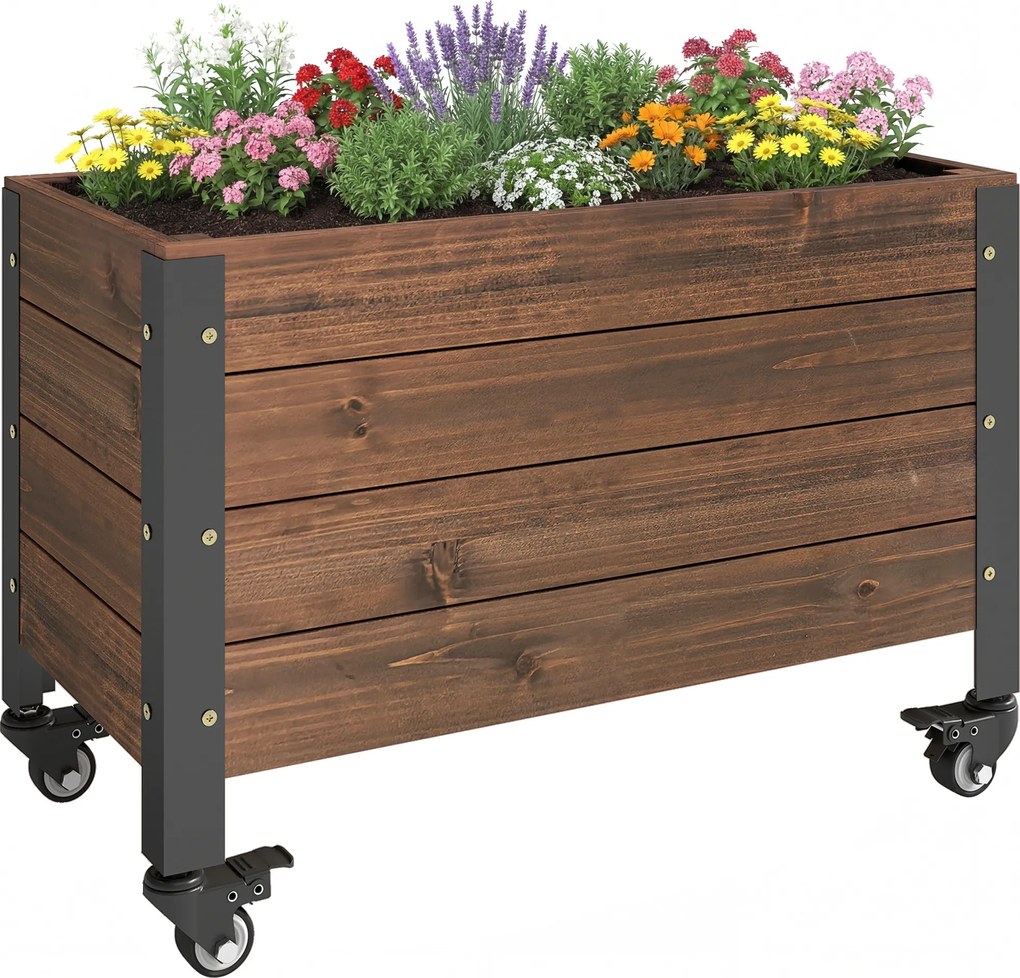 Outsunny Jardinieră înălțată din lemn cu roți, pat de grădină dreptunghiular, 60 x 30 x 41 cm, maro | Aosom Romania