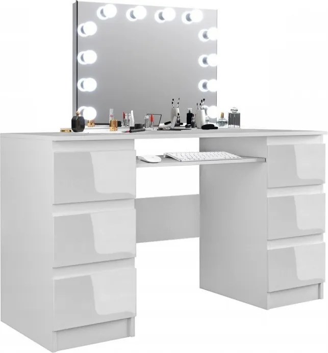 Masuta machiaj cu Oglinda LED si 6 Sertare pentru Cosmetice, Set Masa toaleta 130 cm, Alb, masuta cosmetica, vanity - SEA535