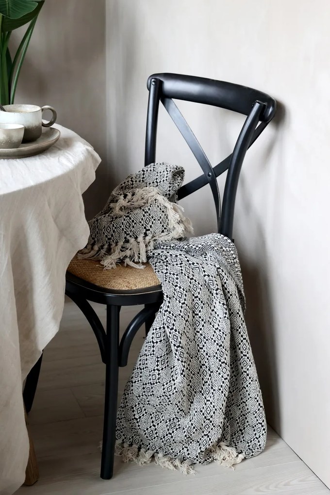 Scaun dining negru din lemn de cauciuc, rattan si rachita, cu aspect vintage, French